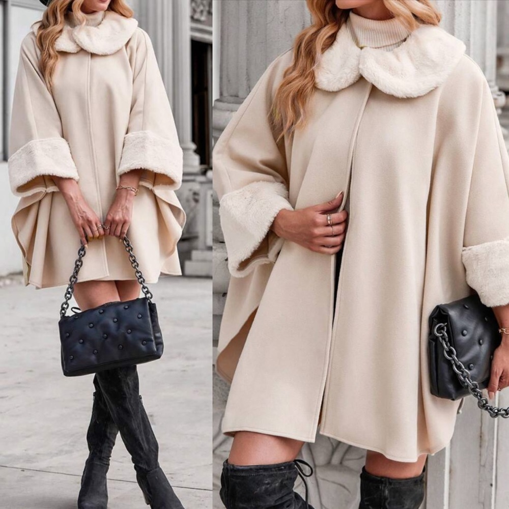 Luxe teddy batwing sleeve cape overcoat